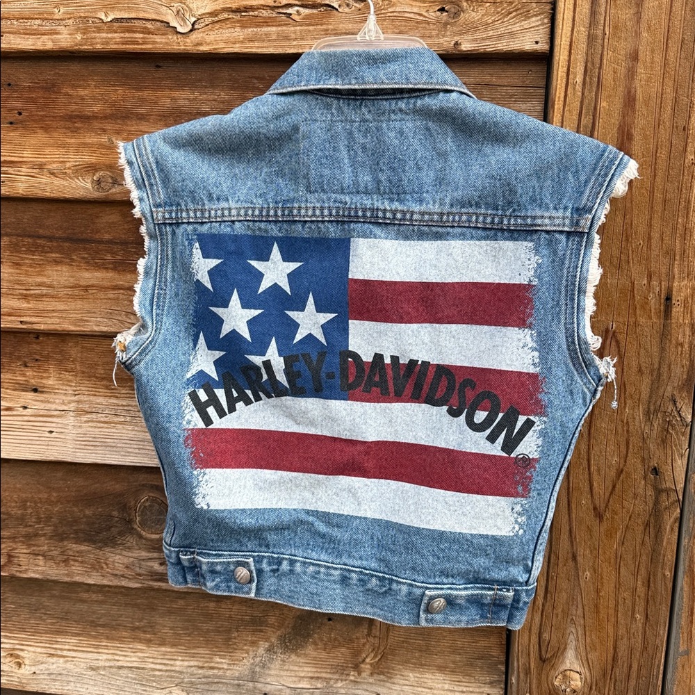 Harley-Davidson Sleeveless Denim Vest with American Flag Back - Blue, Red, White
